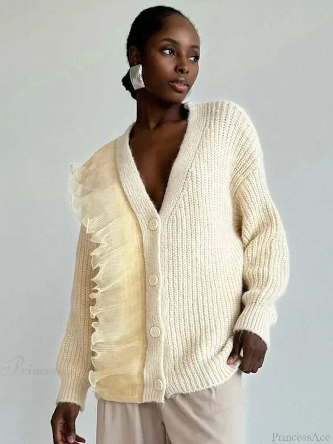 Lace Patchwork V-Neck Ribbed Cardigan