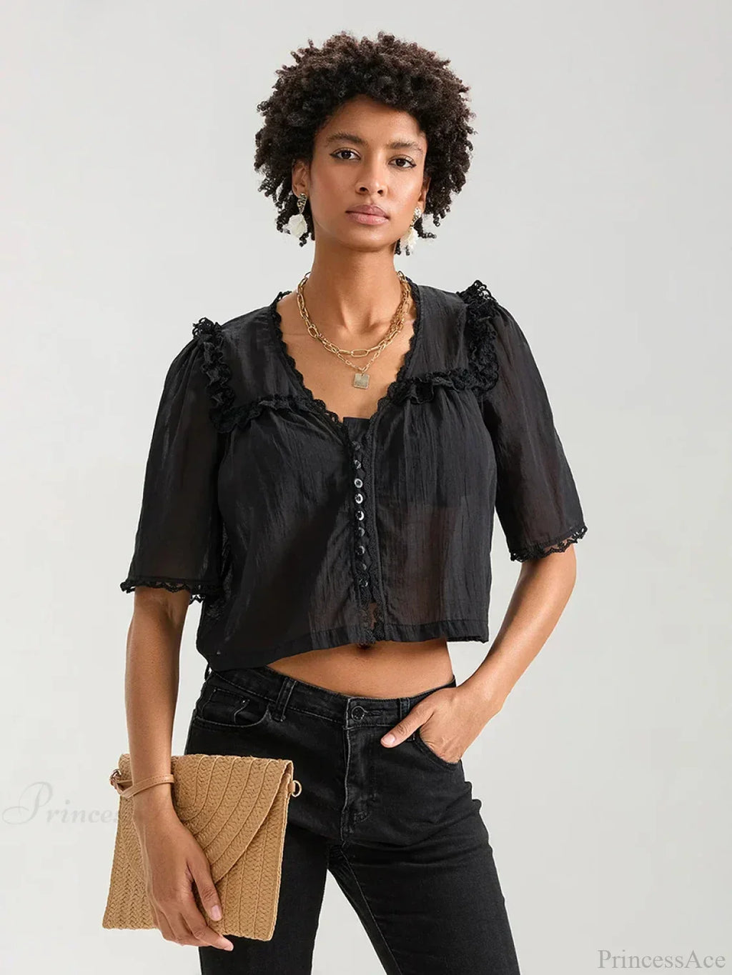Lace Ruffle V-Neck Button Casual Loose Crop Shirt