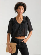 Lace Ruffle V-Neck Button Casual Loose Crop Shirt