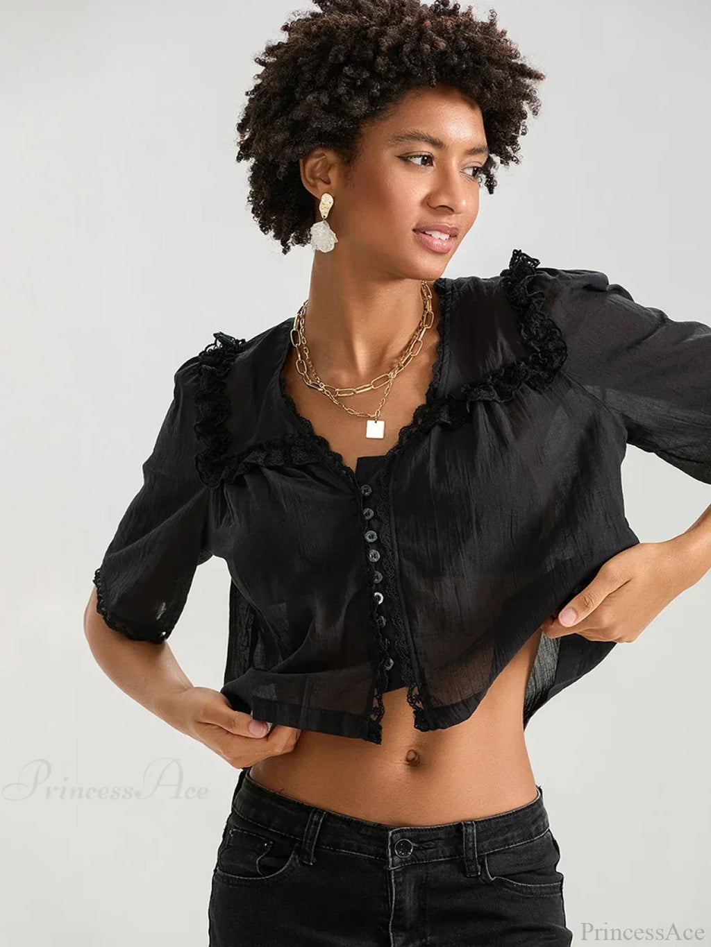 Lace Ruffle V-Neck Button Casual Loose Crop Shirt