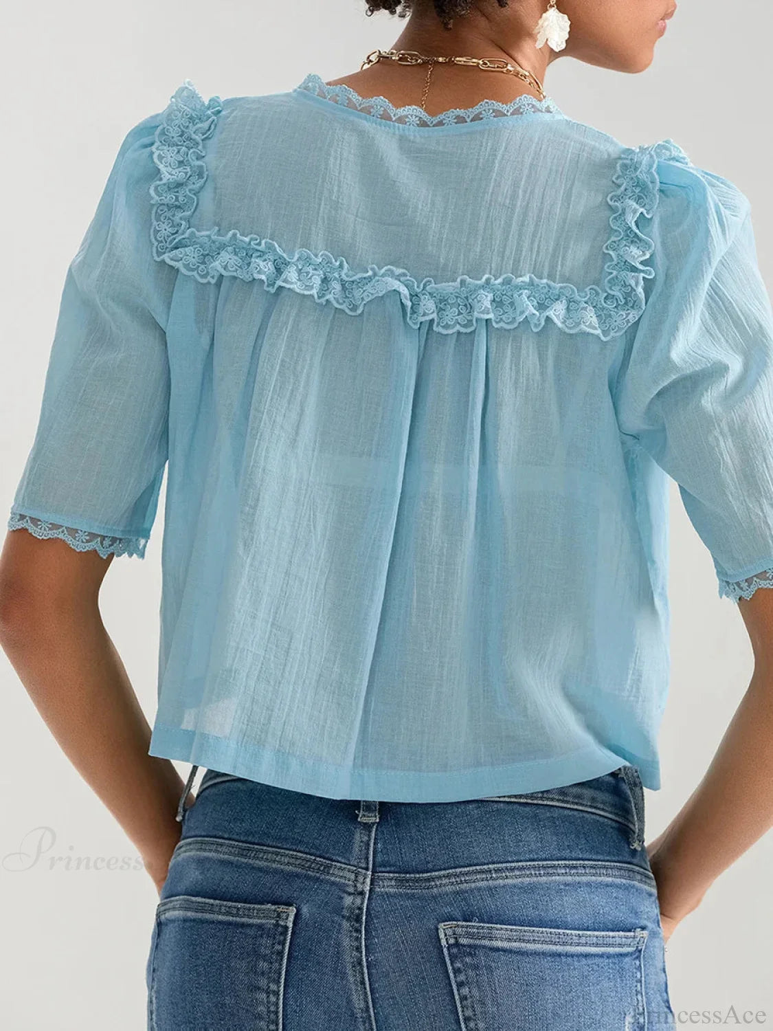 Lace Ruffle V-Neck Button Casual Loose Crop Shirt