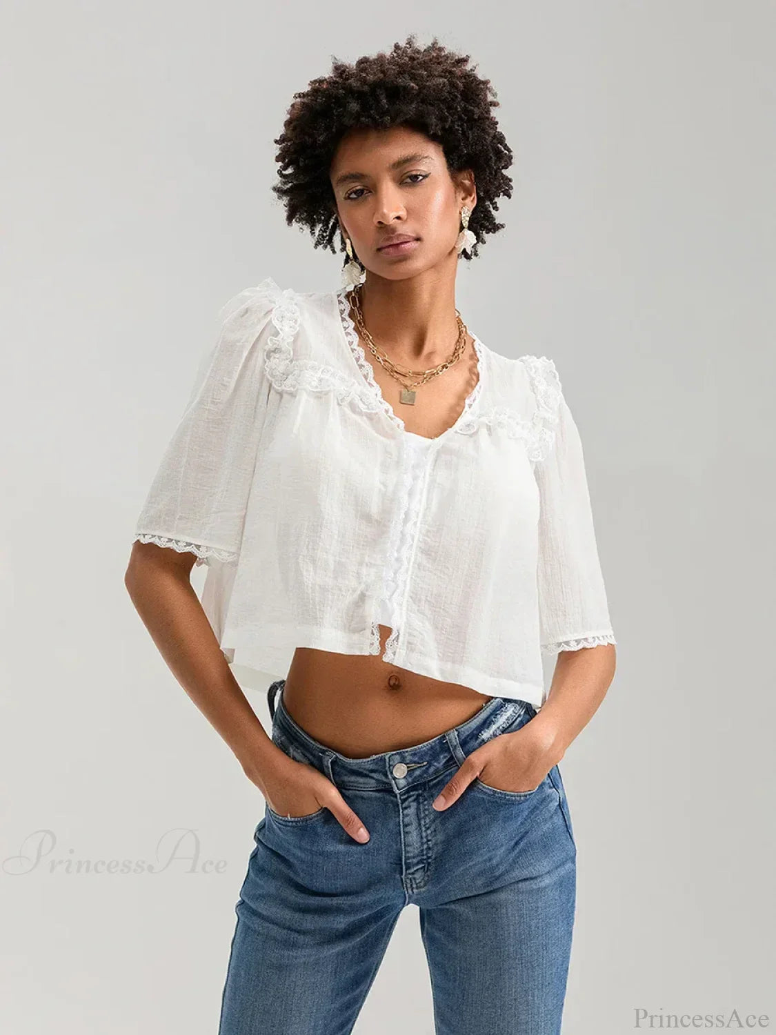 Lace Ruffle V-Neck Button Casual Loose Crop Shirt