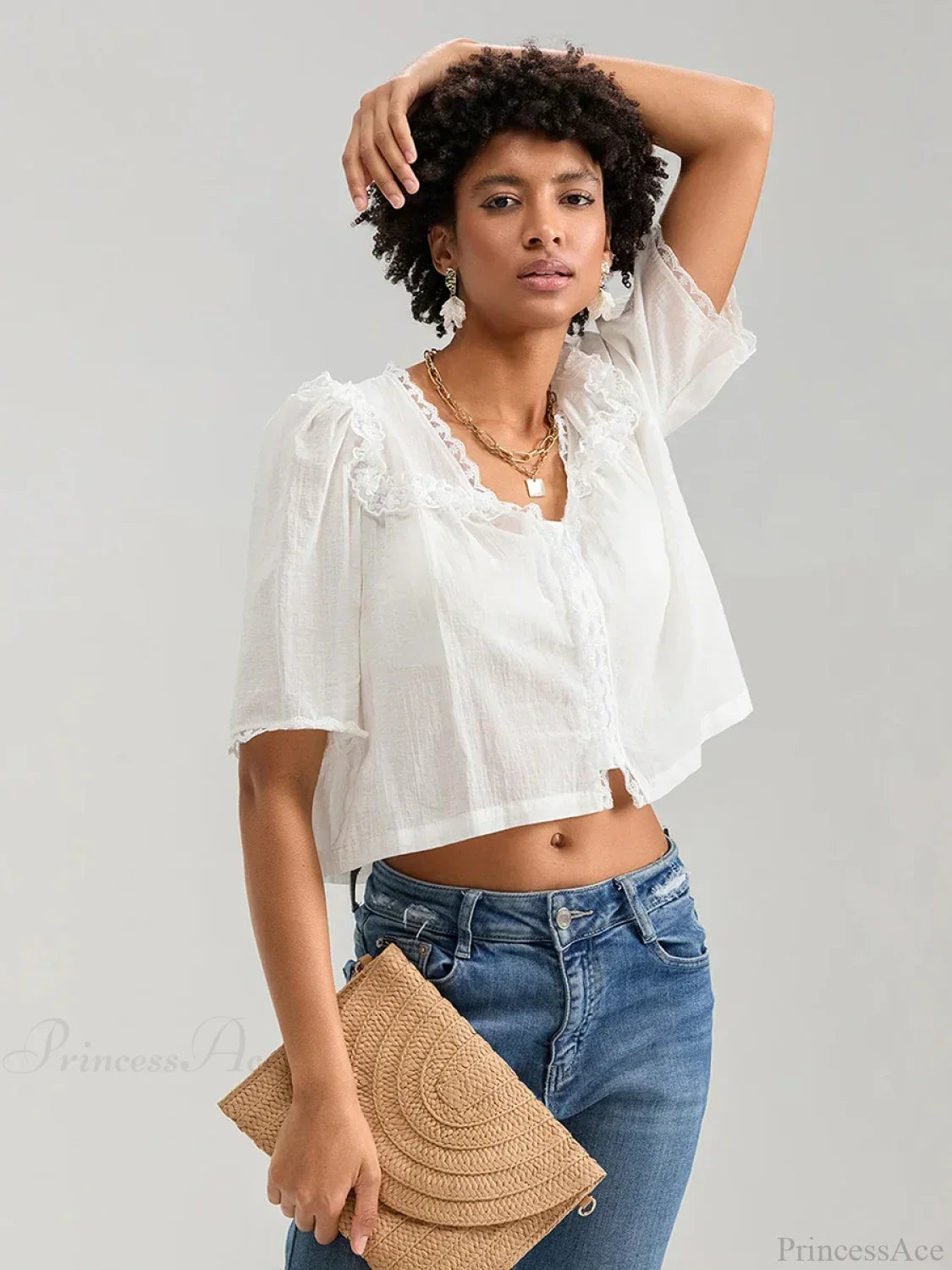 Lace Ruffle V-Neck Button Casual Loose Crop Shirt