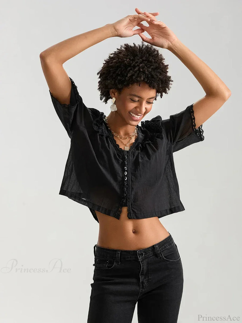 Lace Ruffle V-Neck Button Casual Loose Crop Shirt
