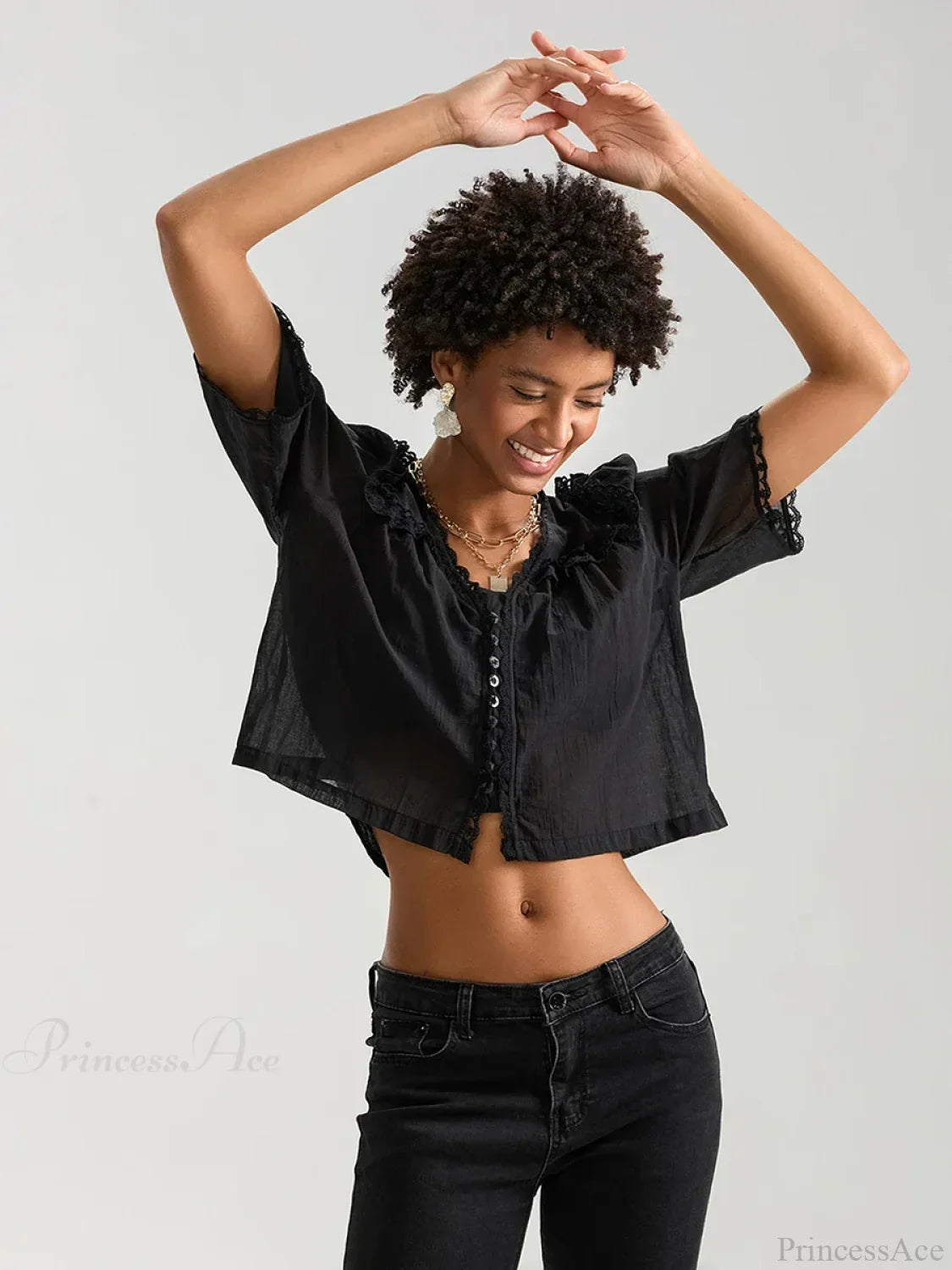 Lace Ruffle V-Neck Button Casual Loose Crop Shirt