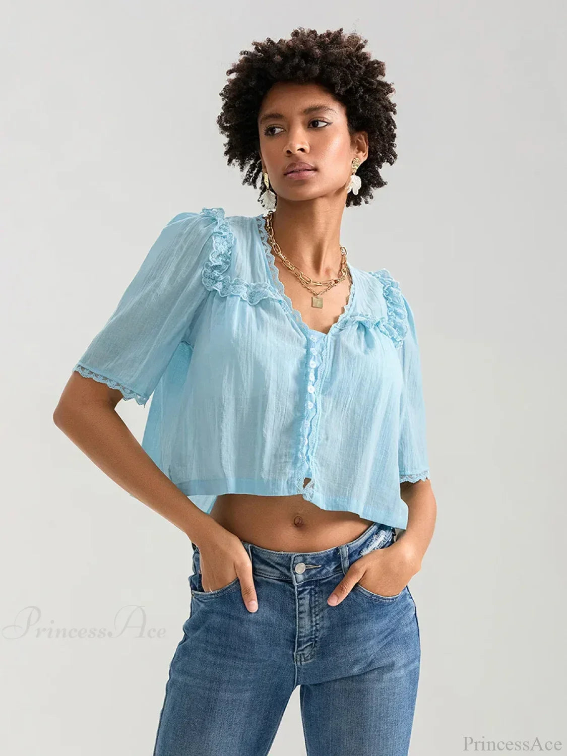 Lace Ruffle V-Neck Button Casual Loose Crop Shirt