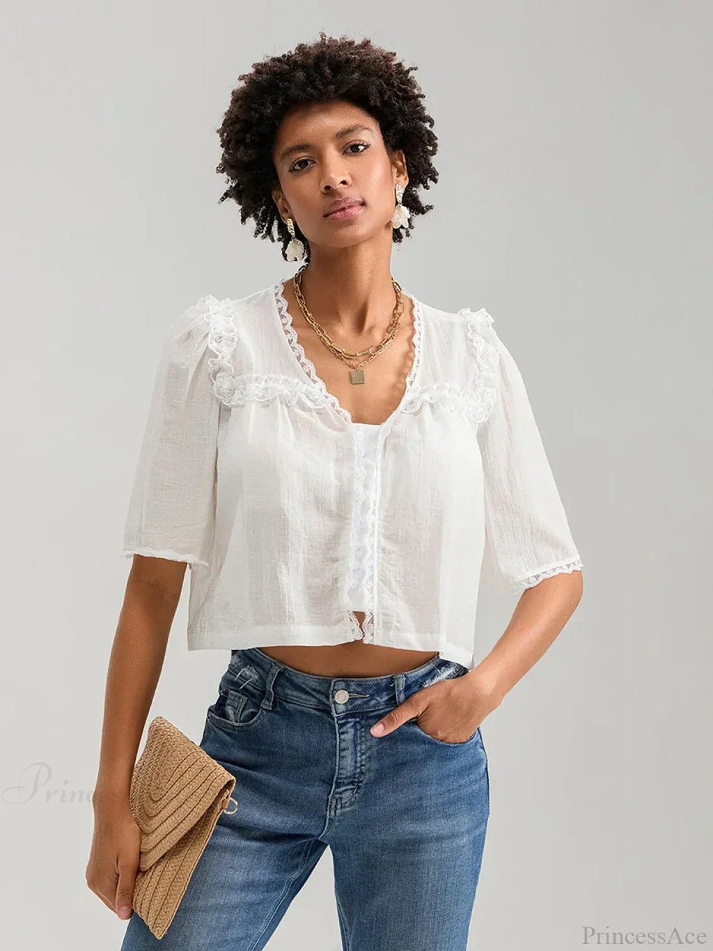 Lace Ruffle V-Neck Button Casual Loose Crop Shirt