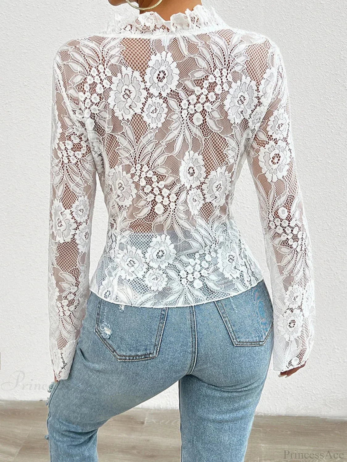 Lace See-Through Long Sleeve Blouse