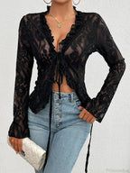 Lace See-Through Long Sleeve Blouse