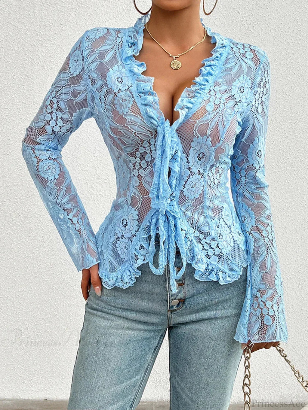 Lace See-Through Long Sleeve Blouse