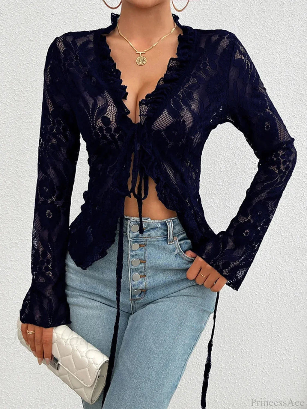Lace See-Through Long Sleeve Blouse