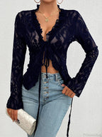 Lace See-Through Long Sleeve Blouse