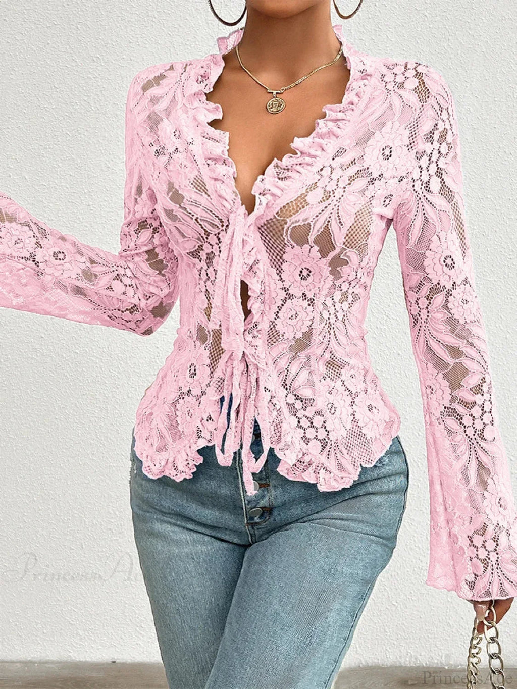 Lace See-Through Long Sleeve Blouse