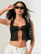 Lace Sheer Tie-Up Front Sleeveless Slim Fit Crop Vest