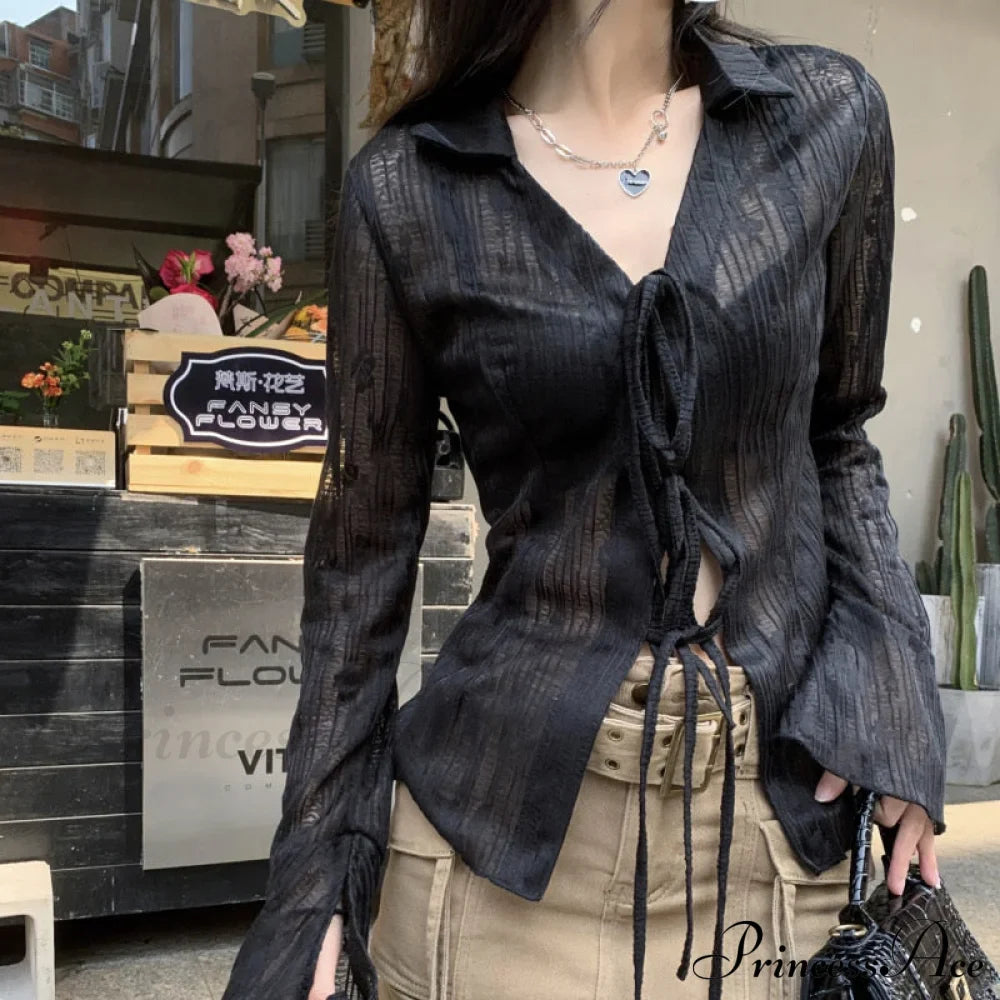 Lace Shirts Long Arm Slim Harajuku Transparent Blouse Korean Women Black Goth Aesthetic