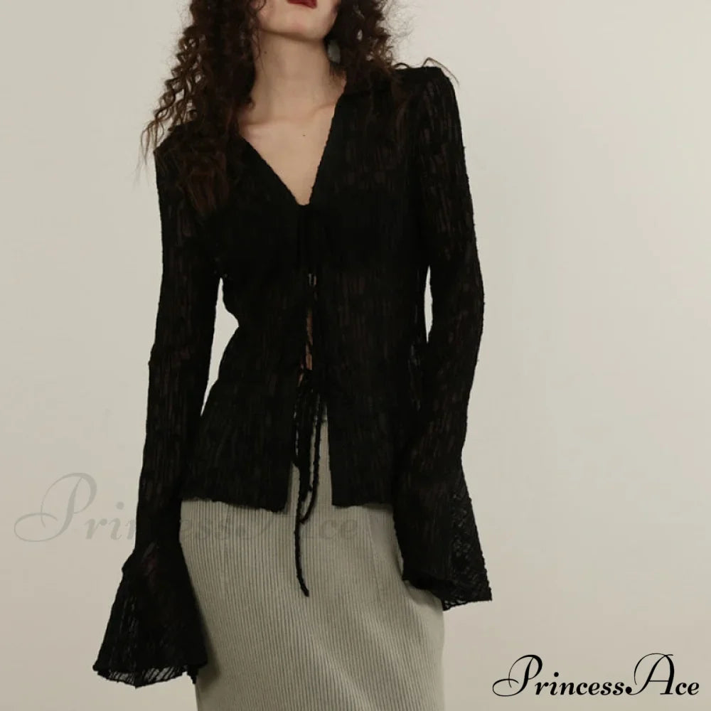 Lace Shirts Long Arm Slim Harajuku Transparent Blouse Korean Women Black Goth Aesthetic