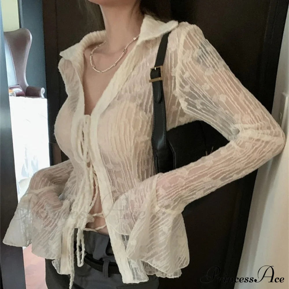 Lace Shirts Long Arm Slim Harajuku Transparent Blouse Korean Women Black Goth Aesthetic