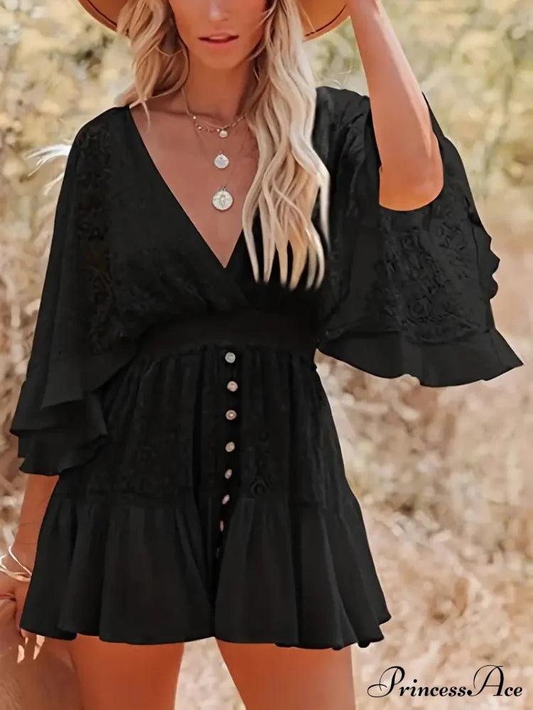 Lace Short Mini Summer Dress With Bat Sleeve