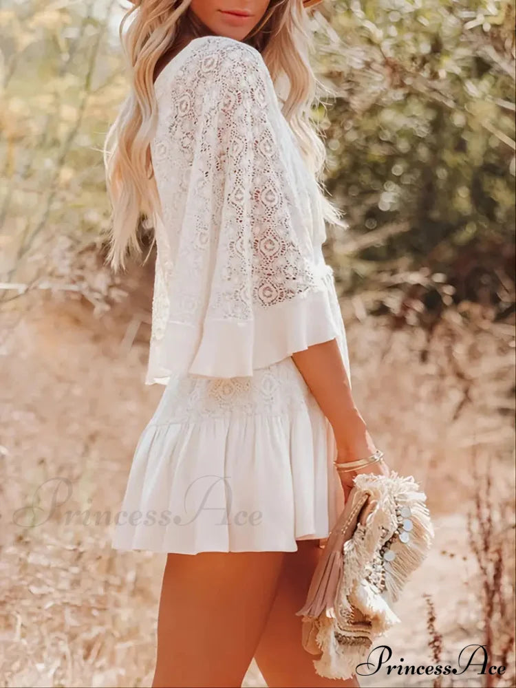 Lace Short Mini Summer Dress With Bat Sleeve