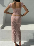Lace Short Sleeve V-Neck T-Shirt And Long Skirt Set