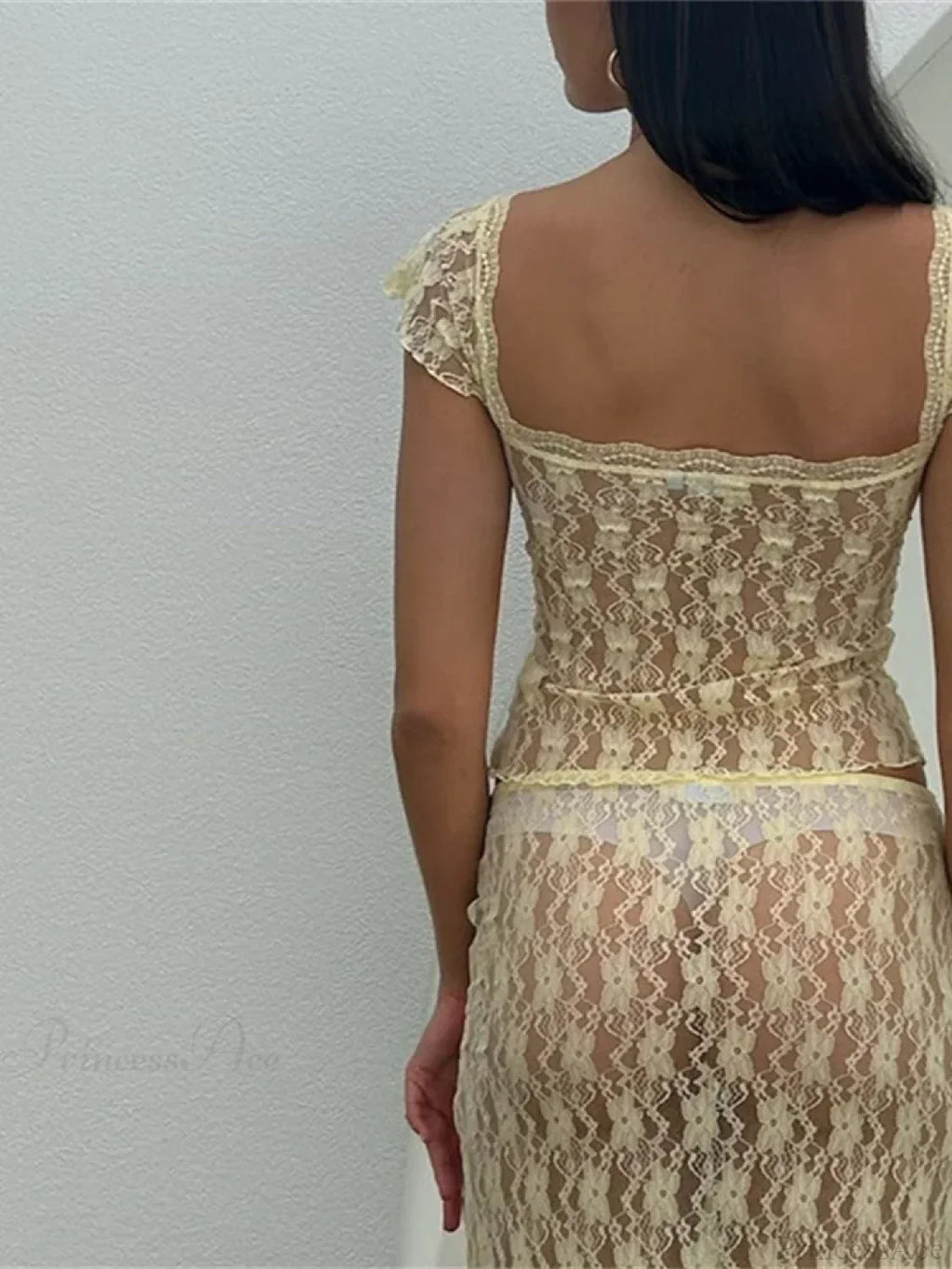 Lace Short Sleeve V-Neck T-Shirt And Long Skirt Set