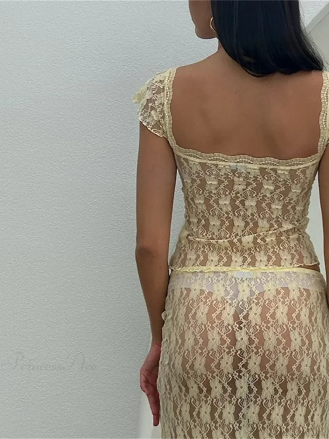 Lace Short Sleeve V-Neck T-Shirt And Long Skirt Set
