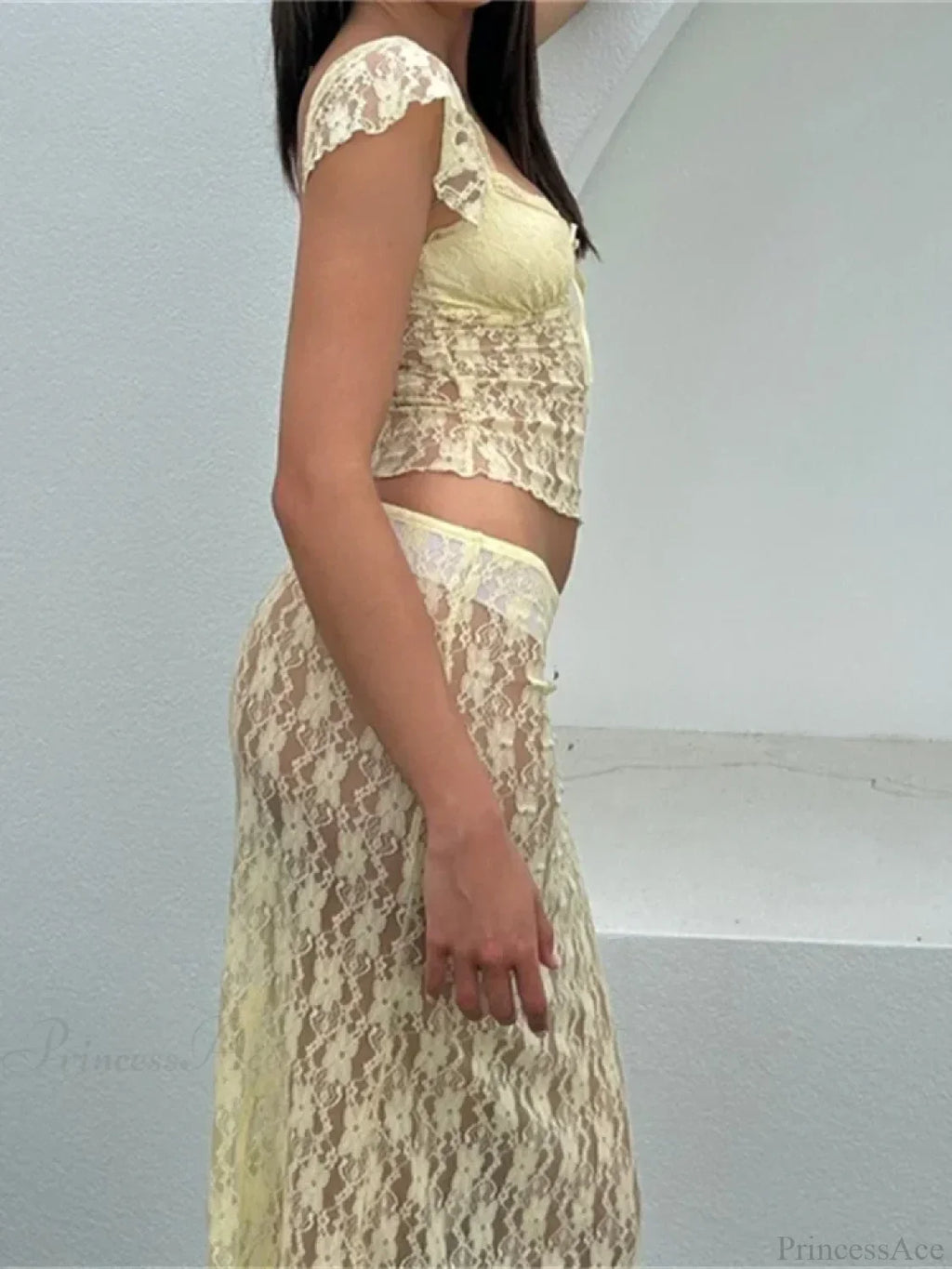 Lace Short Sleeve V-Neck T-Shirt And Long Skirt Set