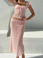 Lace Short Sleeve V-Neck T-Shirt And Long Skirt Set