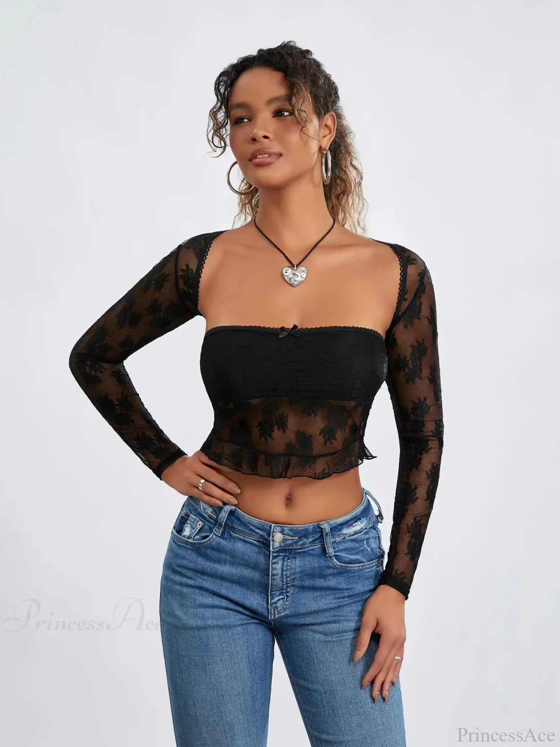 Lace Shrug Two-Piece Floral Sheer Mesh Crop Outfit