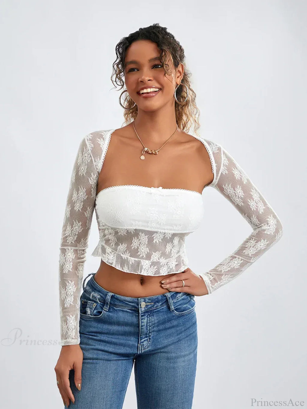 Lace Shrug Two-Piece Floral Sheer Mesh Crop Outfit