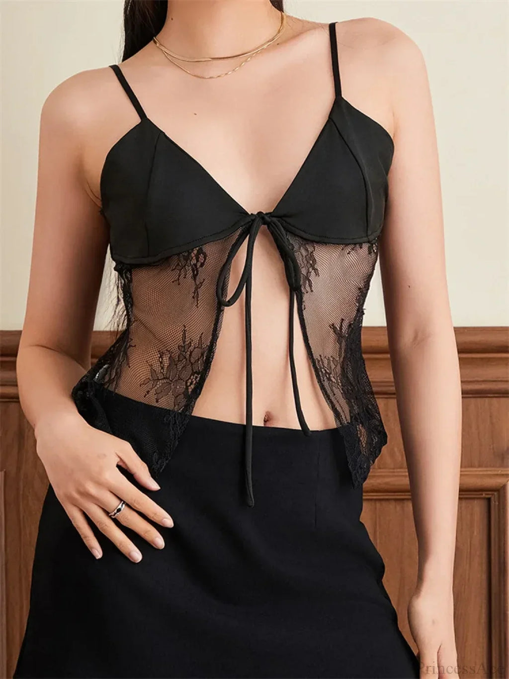 Lace Spaghetti Strap Split See-Through Crop Top