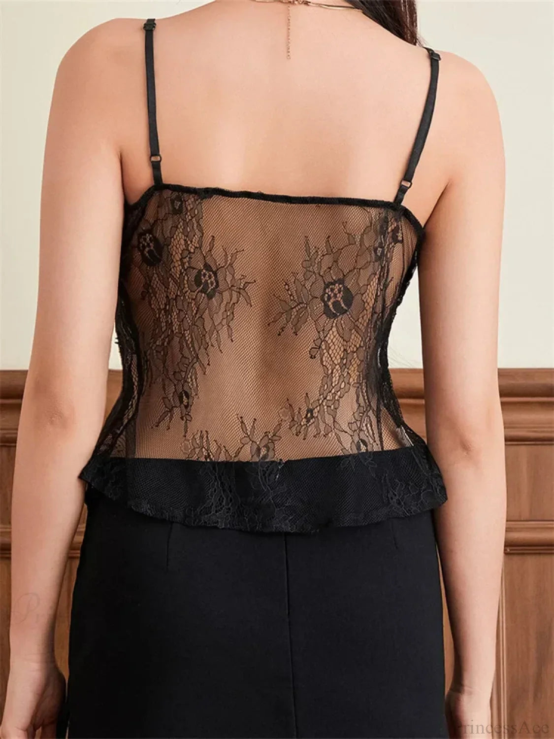Lace Spaghetti Strap Split See-Through Crop Top