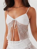 Lace Spaghetti Strap Split See-Through Crop Top