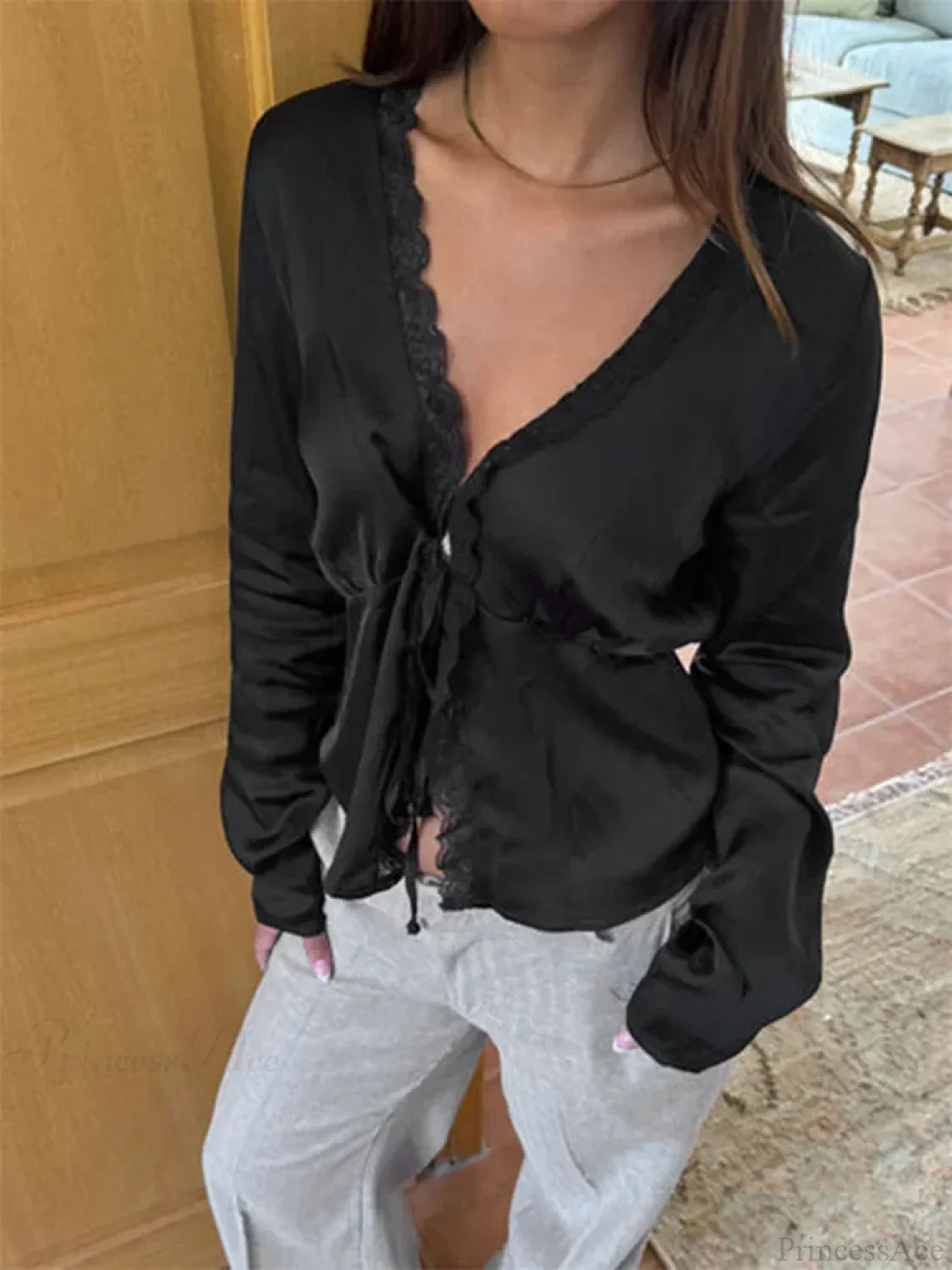 Lace Trim V-Neck Tie-Up Blouse