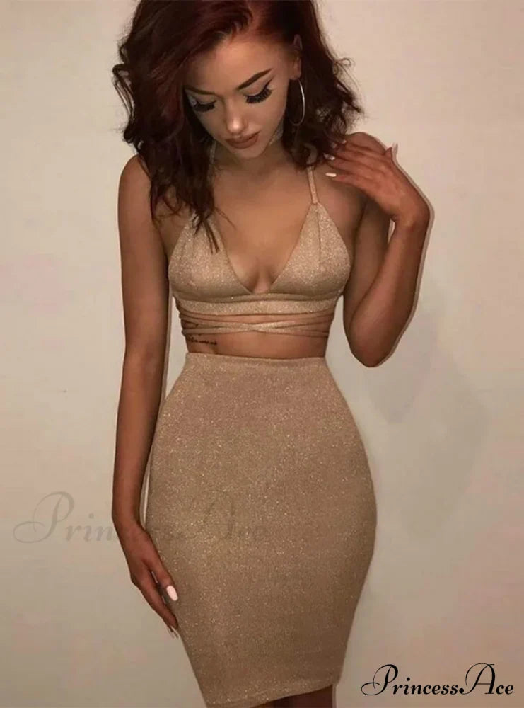 Lace Up Crop Top Two Piece Set With Deep V Neck
