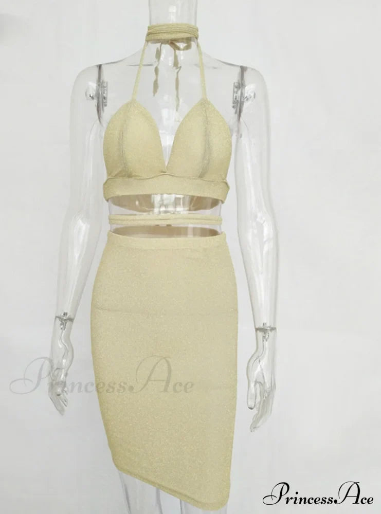 Lace Up Crop Top Two Piece Set With Deep V Neck