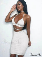 Lace Up Crop Top Two Piece Set With Deep V Neck