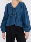 Lace-Up Denim V-Neck Blouse