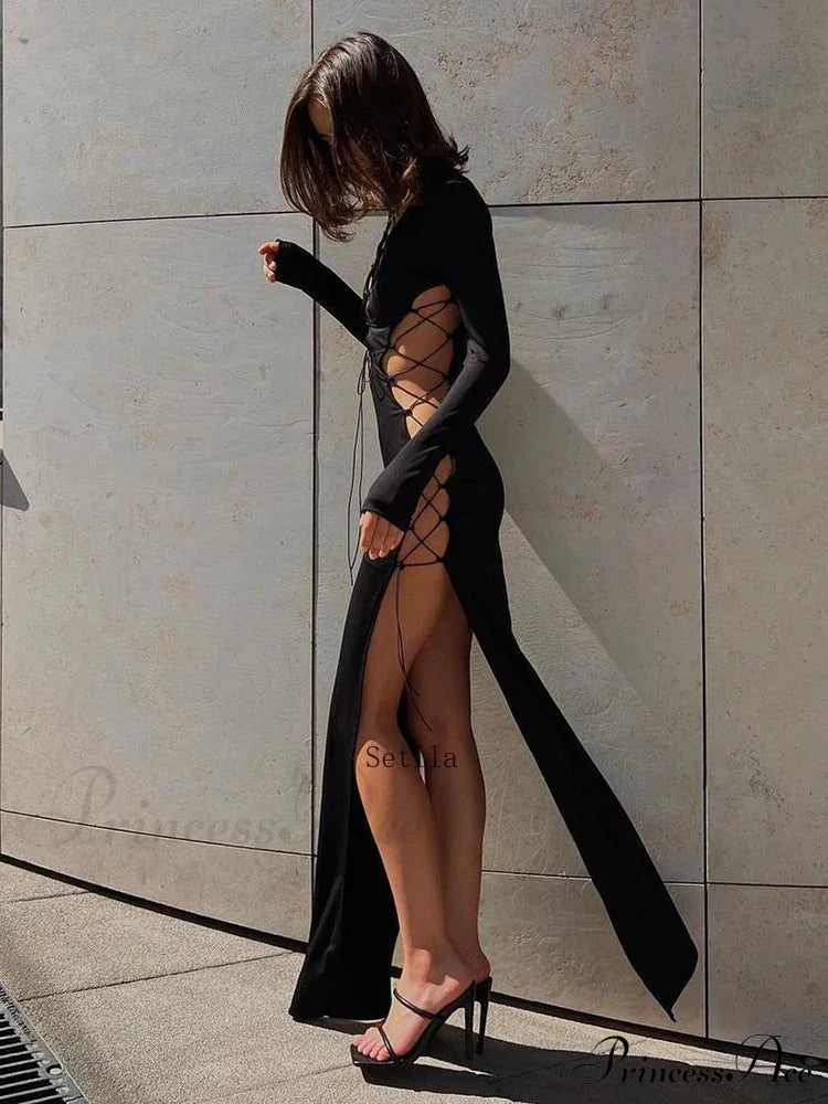 Lace Up Slit Maxi Dress