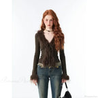 Lace Up Plush V-Neck Cardigan