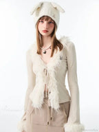 Lace Up Plush V-Neck Cardigan