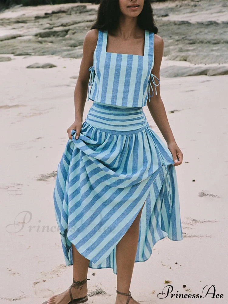Lace-Up Tank And Ruched Graceful Waist Midi Skirt Set