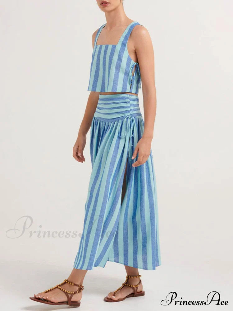 Lace-Up Tank And Ruched Graceful Waist Midi Skirt Set