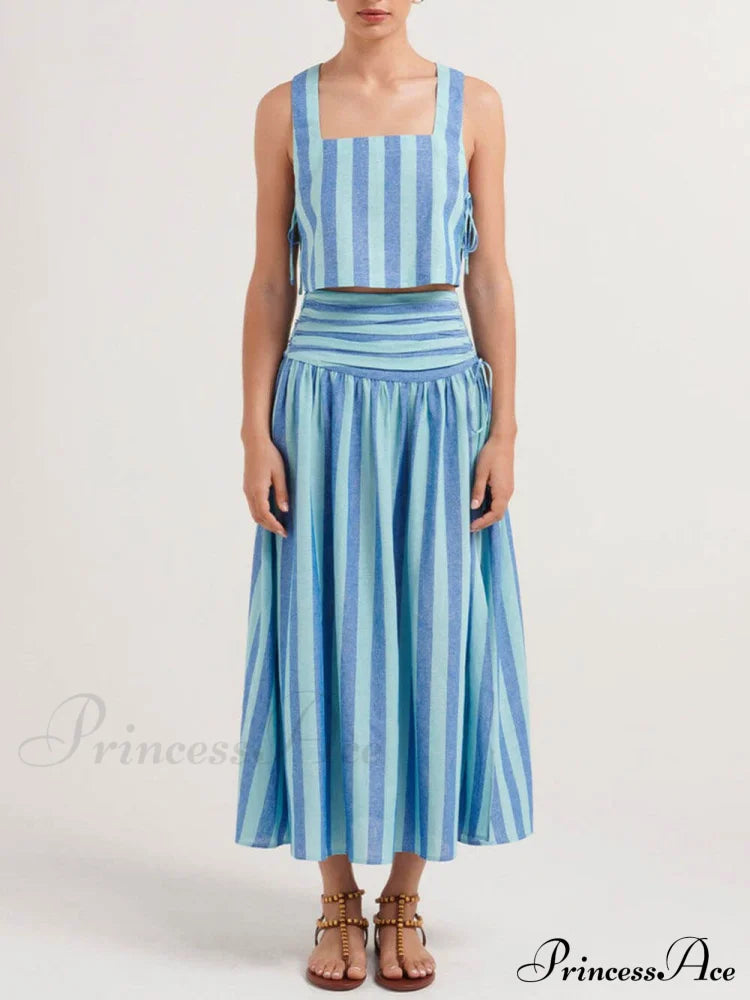 Lace-Up Tank And Ruched Graceful Waist Midi Skirt Set