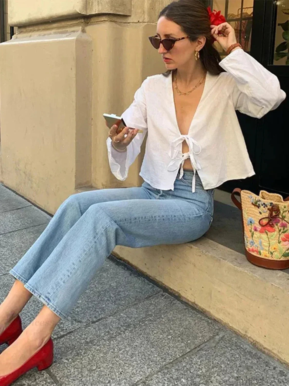 Lace-Up V-Neck Loose Casual Long Sleeve Blouse