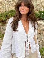 Lace-Up V-Neck Loose Casual Long Sleeve Blouse