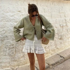 Lace-Up V-Neck Loose Casual Long Sleeve Blouse