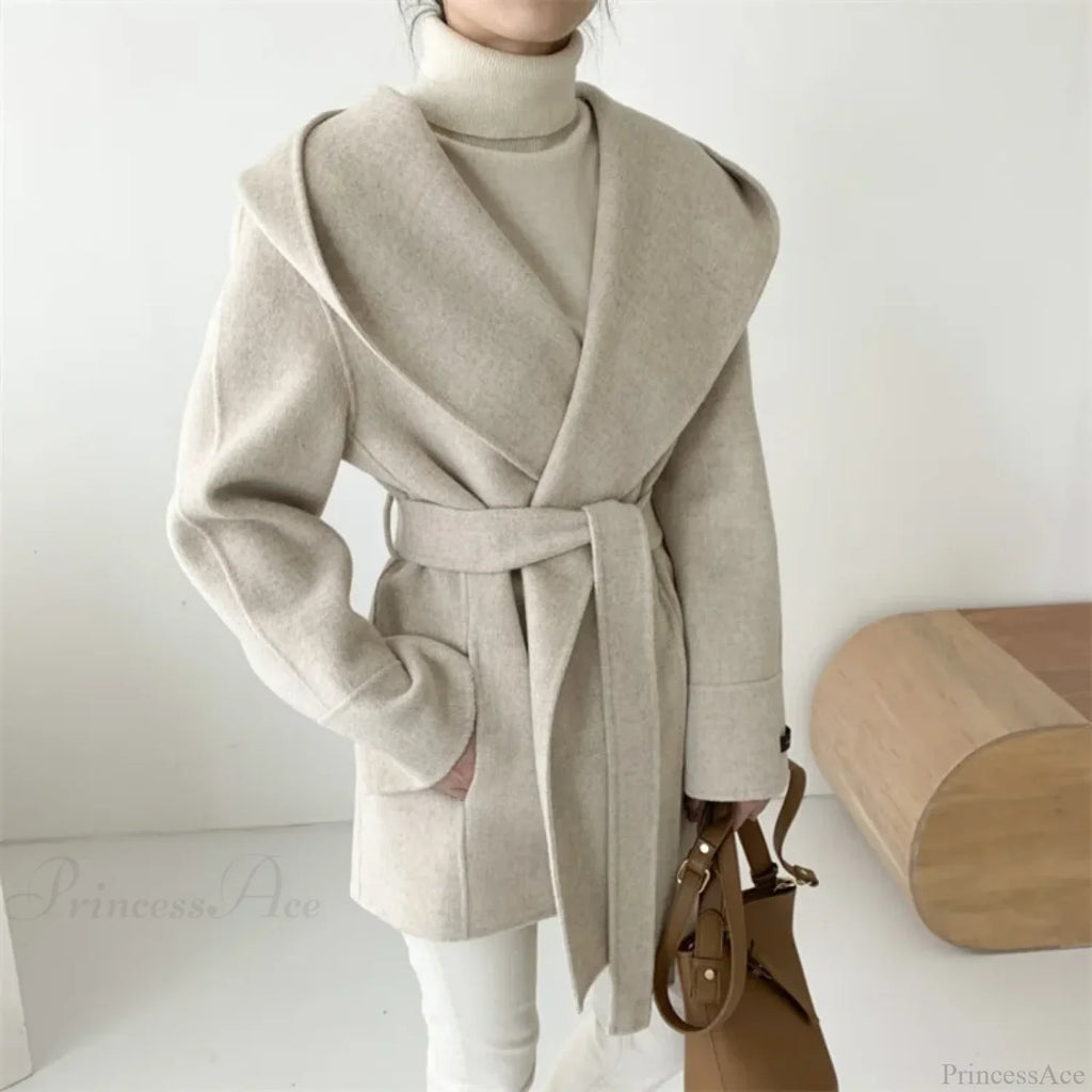 Lace-Up Woolen Hooded Jacket Overcoat