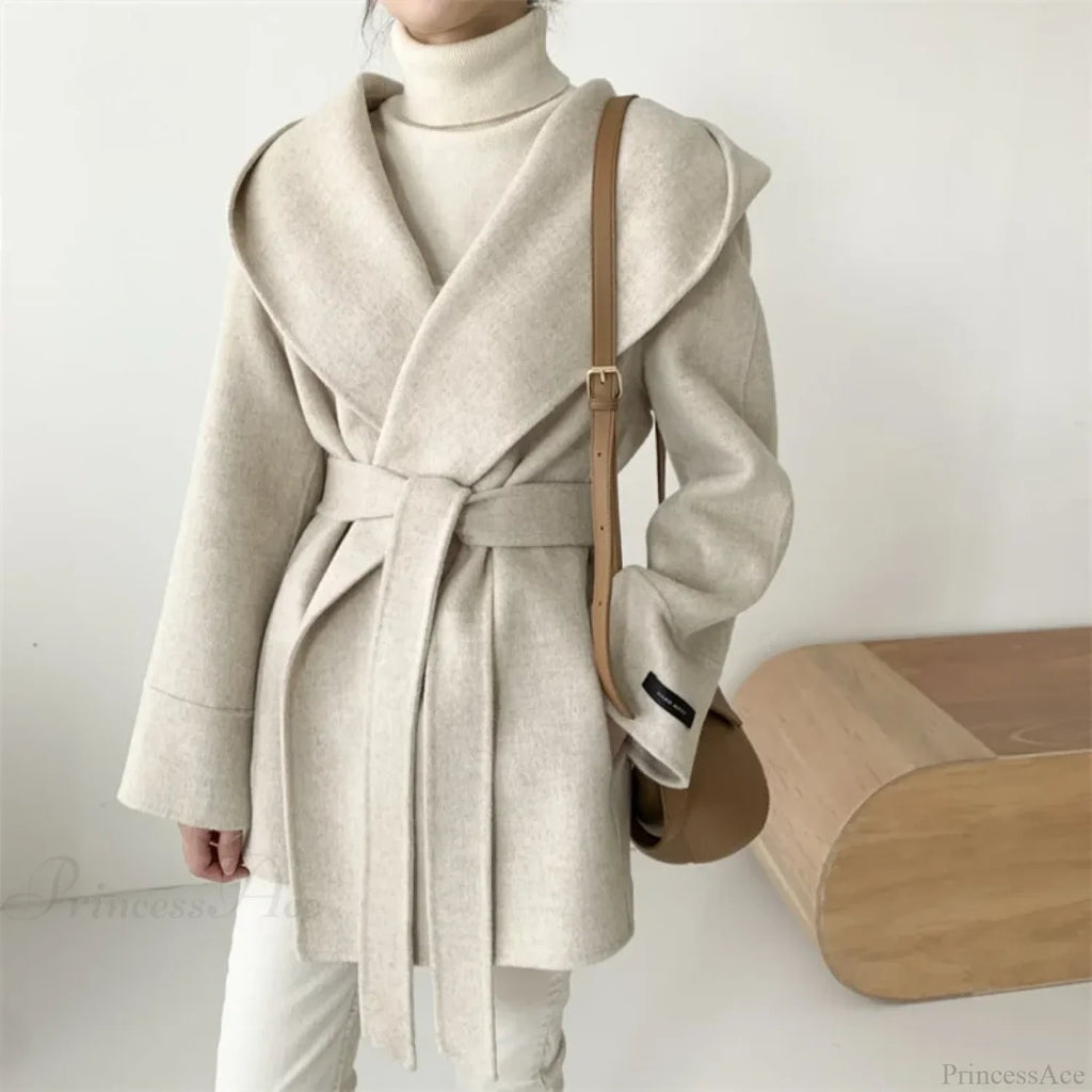 Lace-Up Woolen Hooded Jacket Overcoat