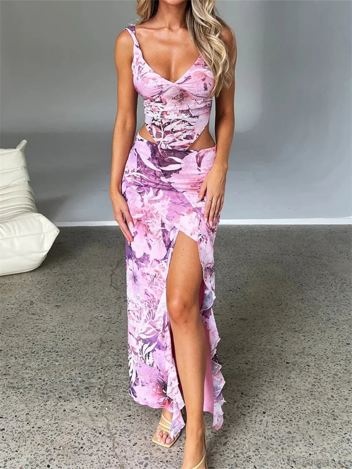 Lace V-Neck Backless Camis Top High Split Skirt Summer Set